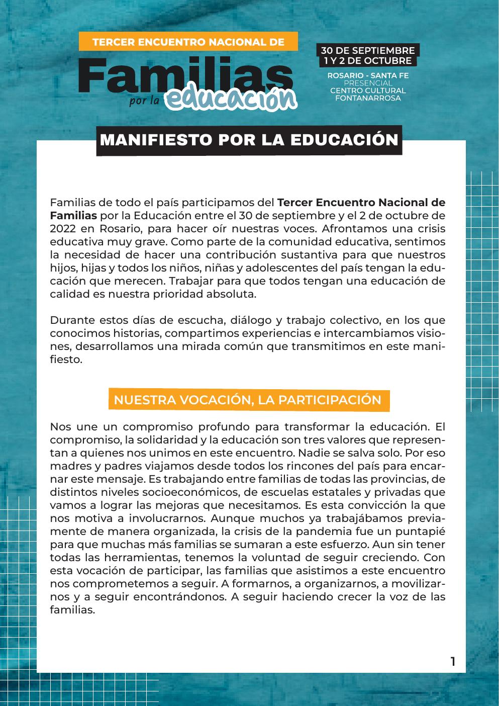 Primera página del Manifiesto por la Educación